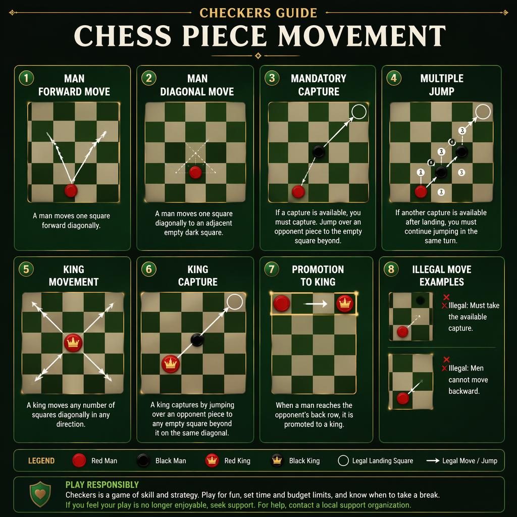 Dark-mode card grid infographic with 8 checkers movement cards, green felt palette, board diagrams, arrows, X marks, and English labels.