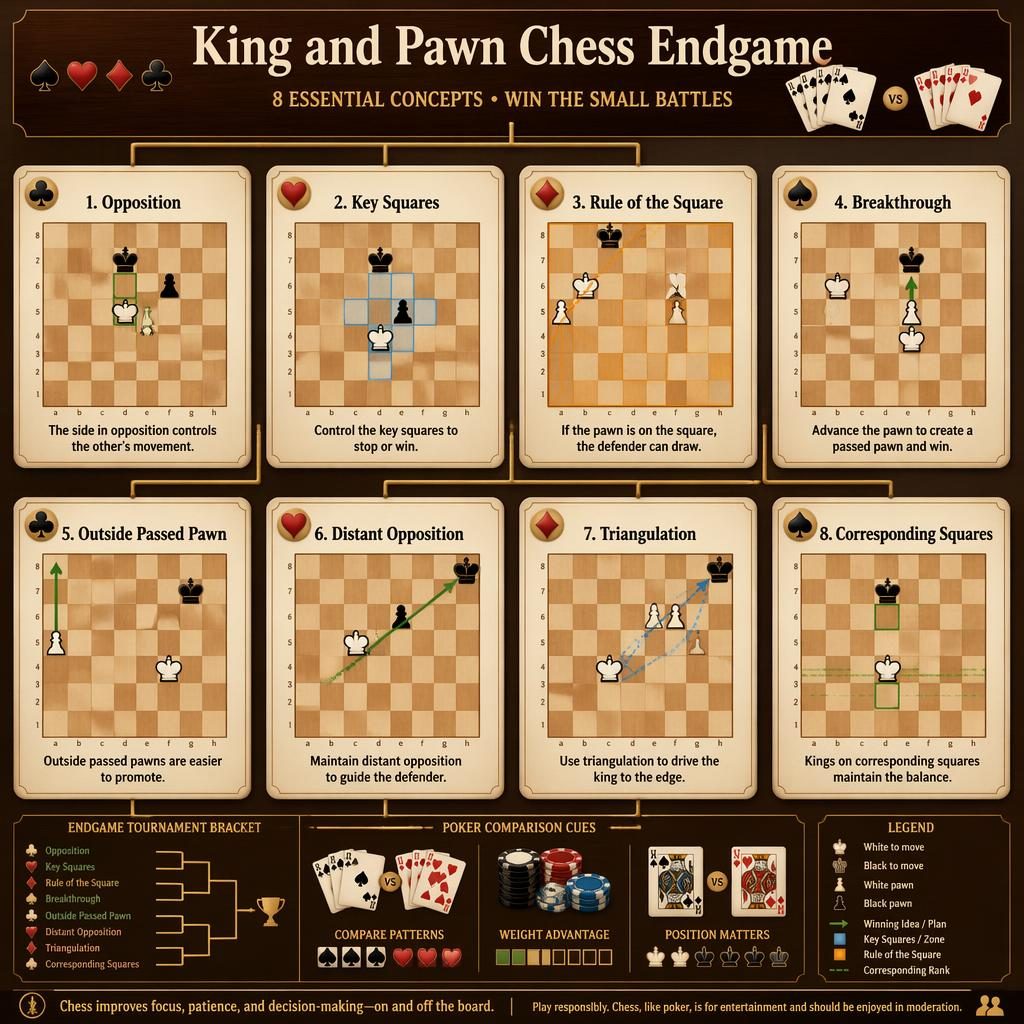 Editorial infographic grid of 8 king-and-pawn chess endgame cards with boards, arrows, bracket lines, and subtle poker icons.