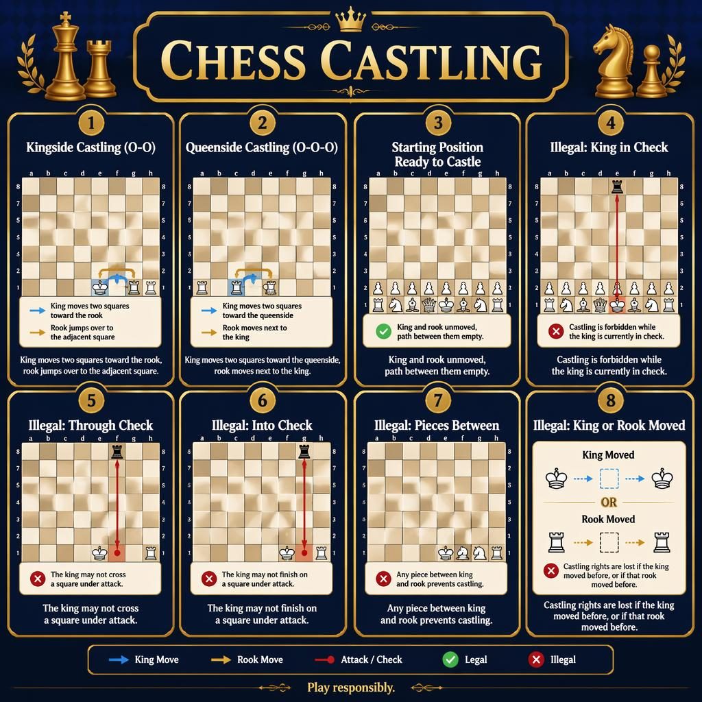 8-card Chess Castling infographic grid in royal blue and gold with board diagrams, arrows, legal and illegal examples.