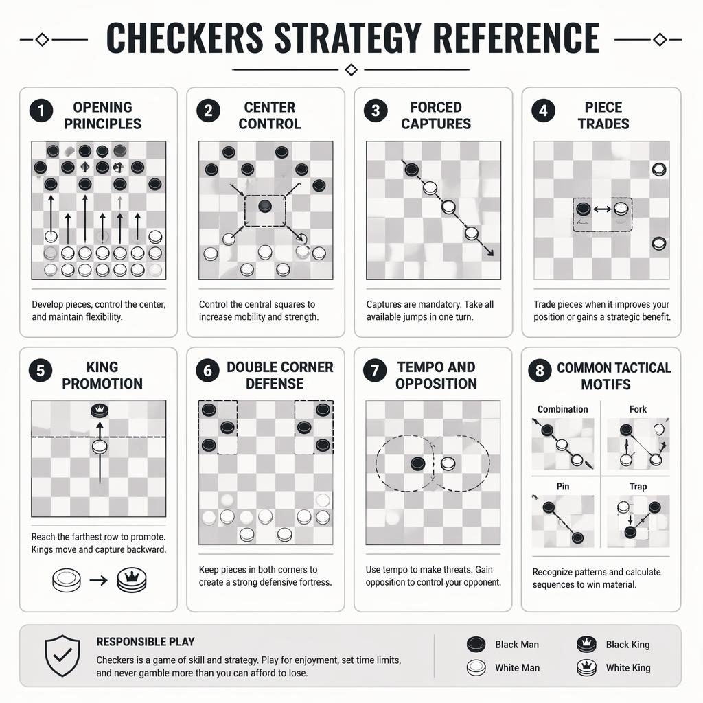 Monochrome checkers strategy reference poster with 8 uniform cards, mini board diagrams, arrows, piece icons, and rules notes.