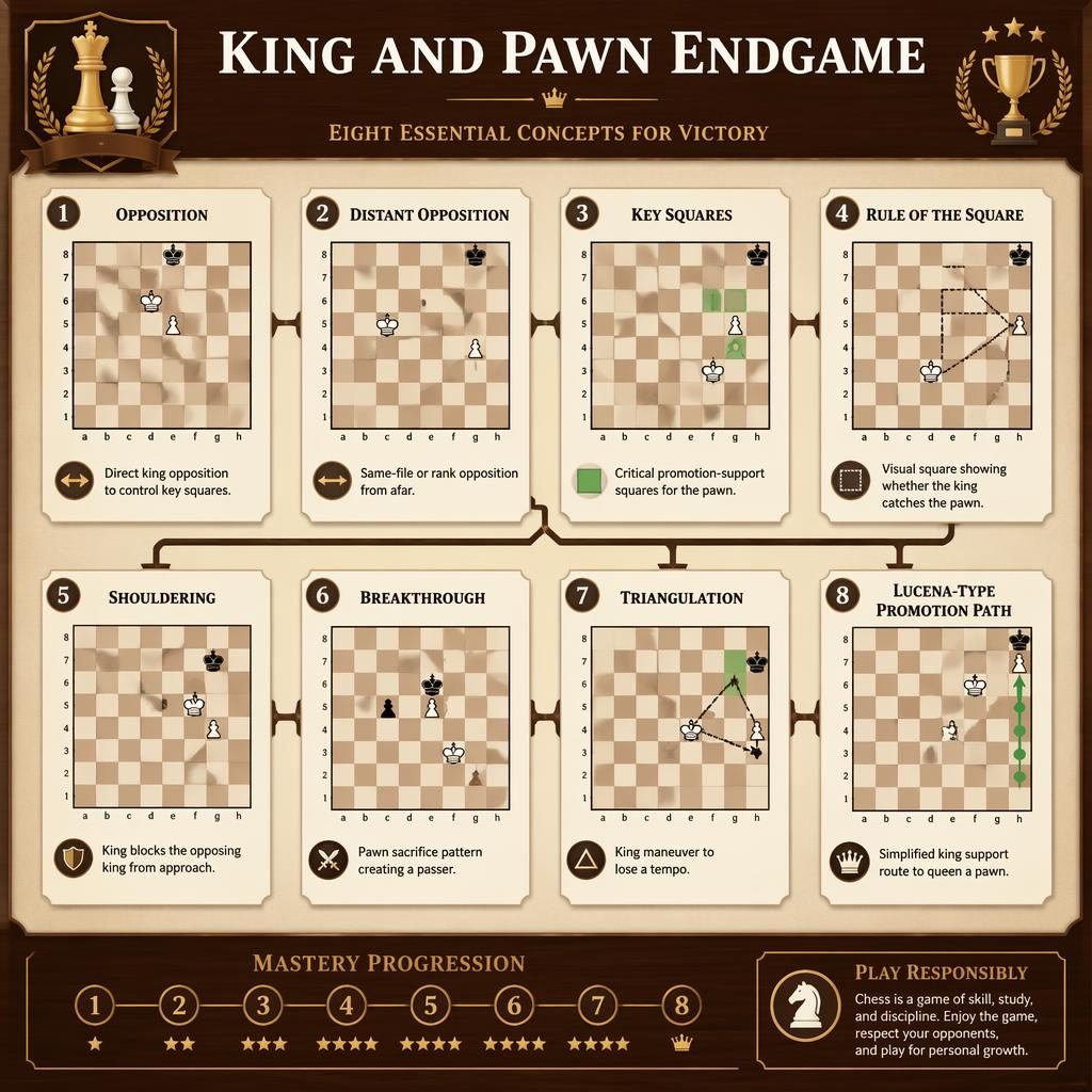 Editorial card grid infographic of 8 chess endgame cards with mini boards, bracket connectors, wood and cream palette.