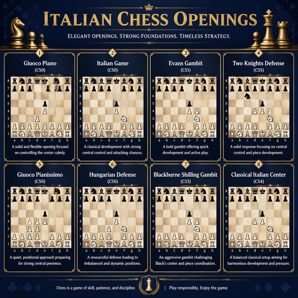 Editorial-style grid infographic of 8 Italian chess opening cards in royal blue and gold with board diagrams and footer note