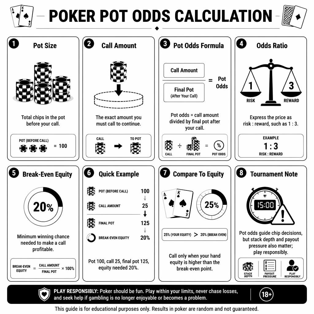 Black-and-white poker pot odds infographic with 8 cards in a clean grid, showing formulas, chip icons, ratio diagrams, and notes.