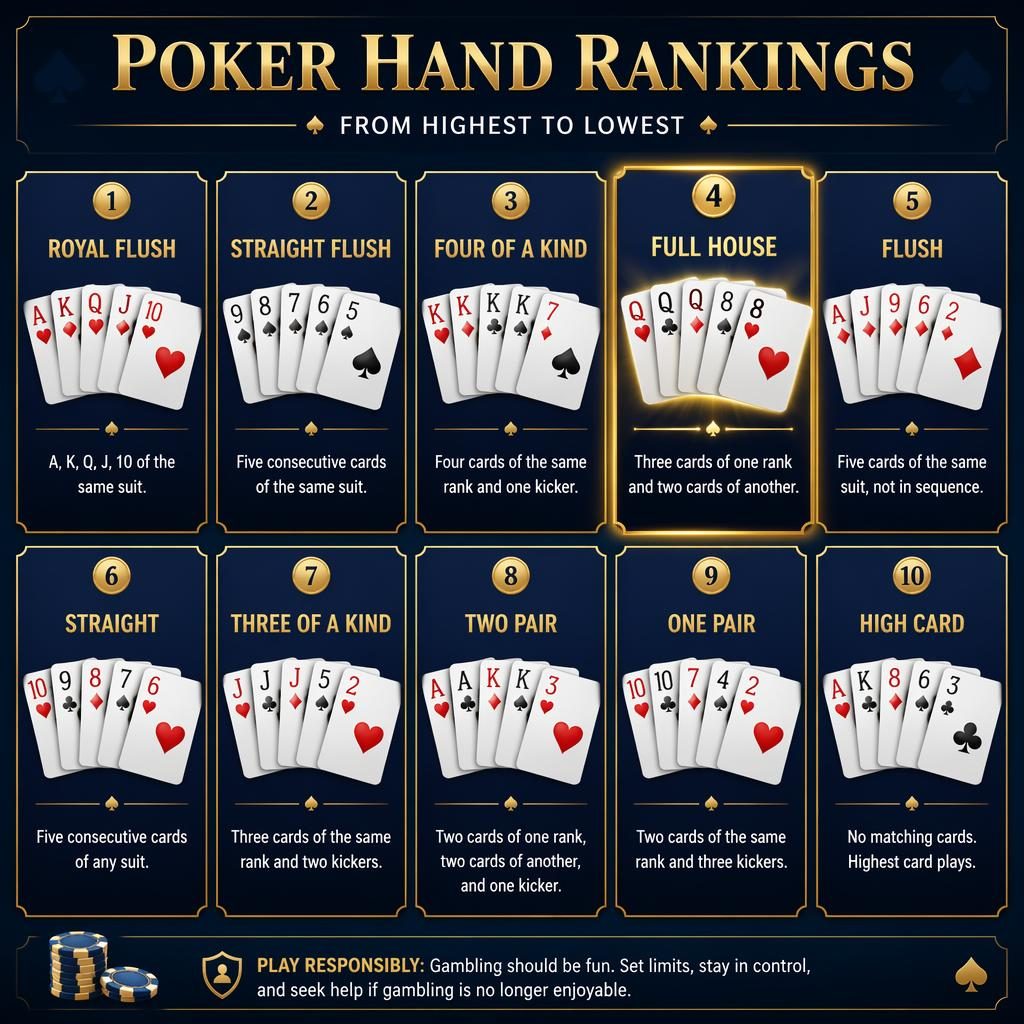 Poker hand rankings grid infographic with 10 cards in royal blue and gold, highlighting the Full House card.