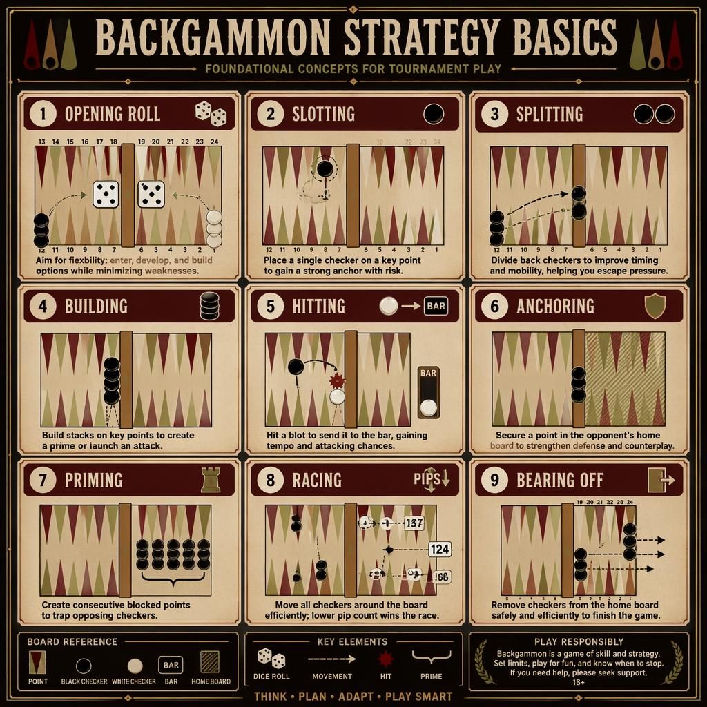 Vintage-style 9-card infographic grid showing backgammon strategy basics with board icons, dice, checker stacks, and English labels.