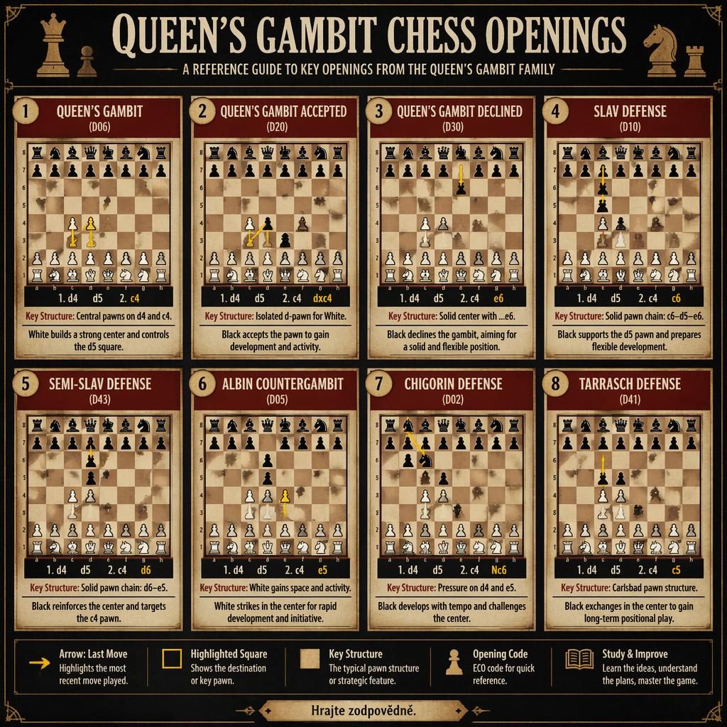 Infografika s 8 kartami zahájení Queen's Gambit, šachovnice, anglické názvy, tmavá retro paleta a česká poznámka.