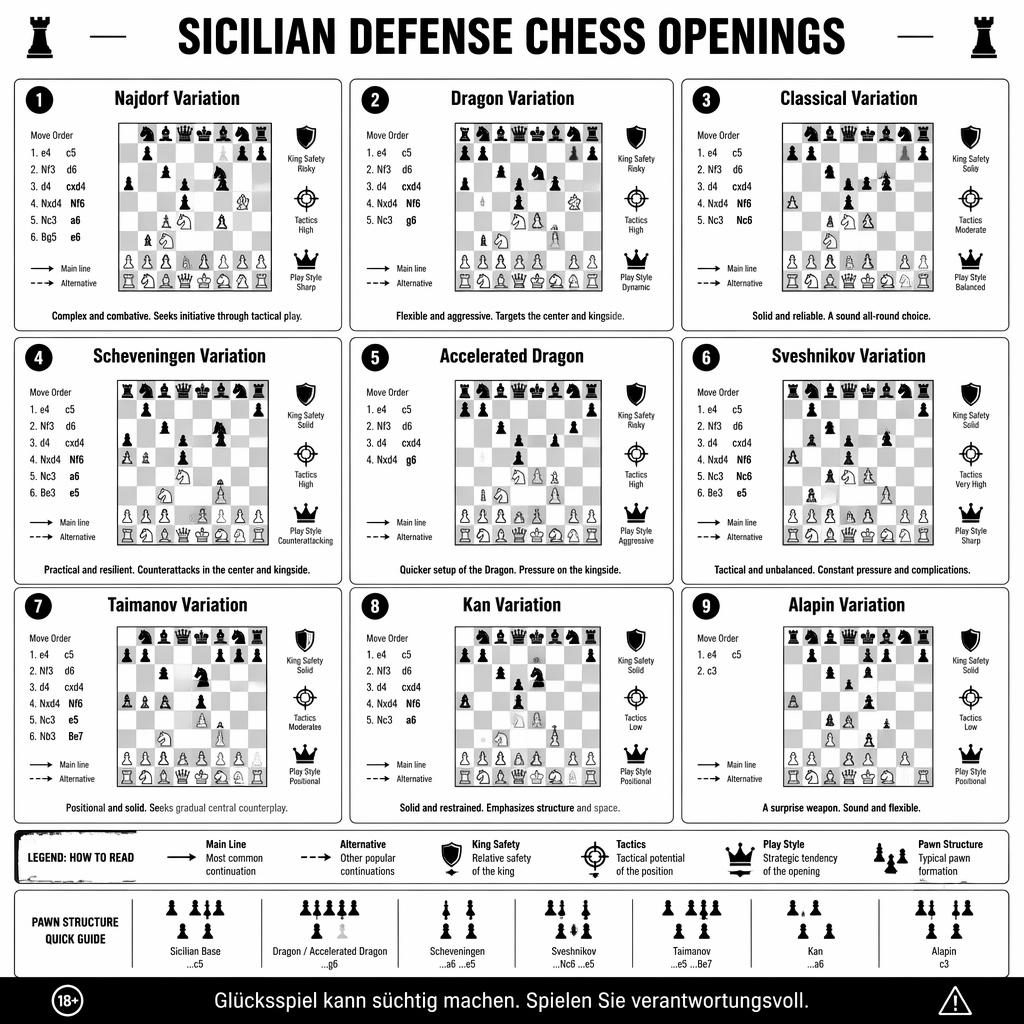 Schwarz-weißes 3x3-Kartenraster zur Sicilian Defense mit Schachdiagrammen, Icons, englischen Titeln und Fußnote.