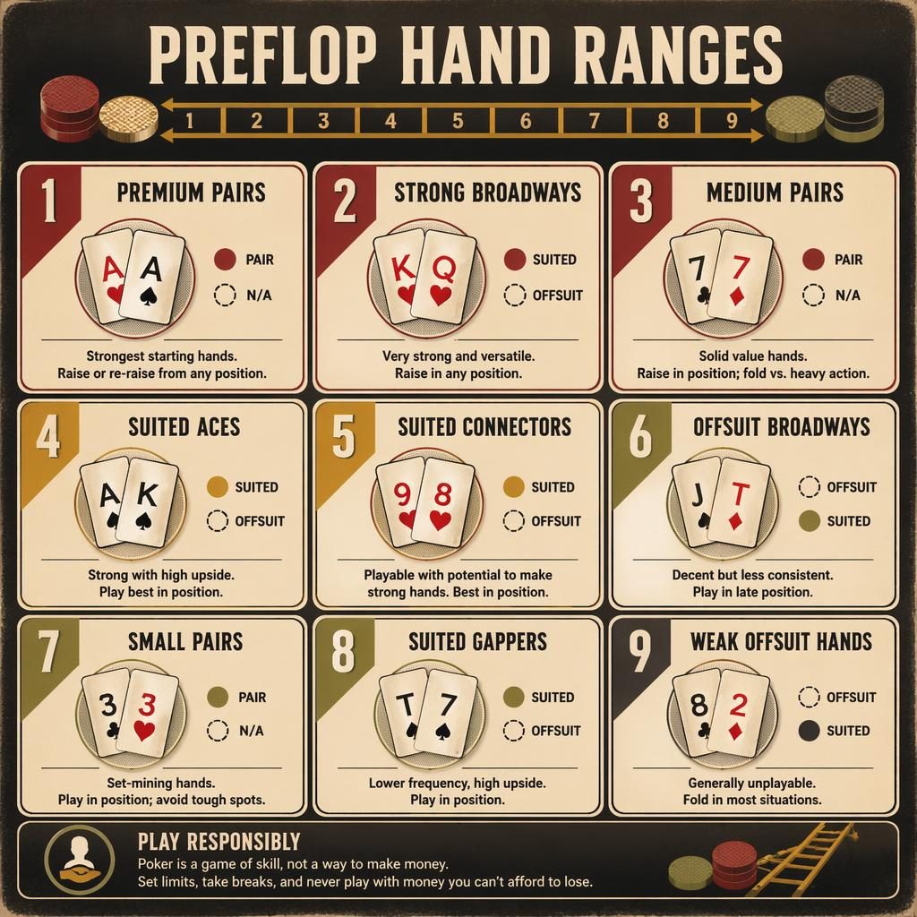 9-card grid infographic of Texas Hold'em preflop hand ranges in a vintage 1970s game manual style with footer note