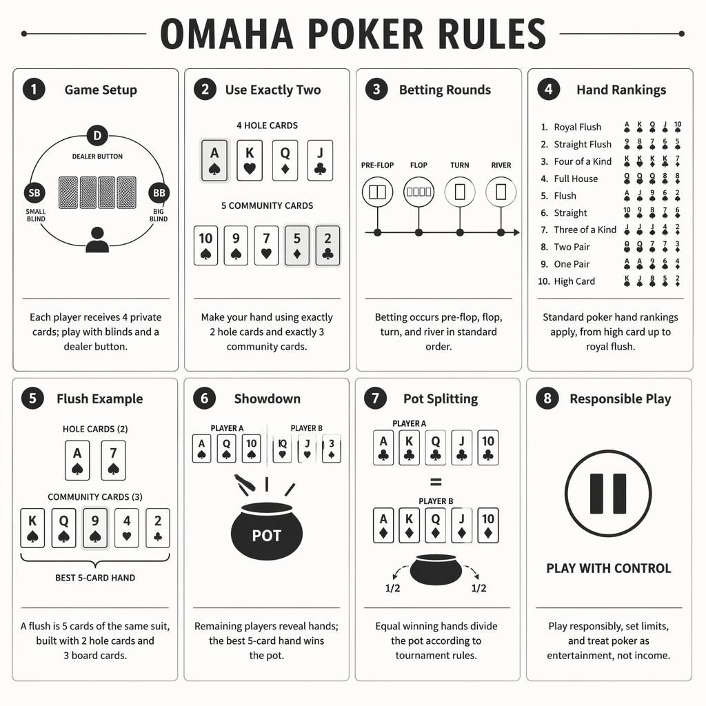Monochrome Omaha Poker Rules infographic with 8 cards, icons, hand rankings, and a same-suit five-card flush diagram.