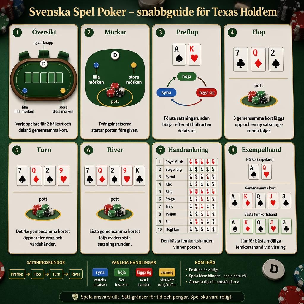 Infografik med 8 kort i rutnät på grön pokerfilt som visar Texas Hold'em, mörkar, satsningsrundor och handrankning.