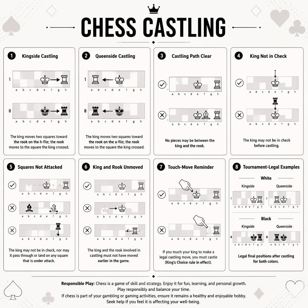 Monochrome card-grid infographic on chess castling with 8 uniform rule cards, mini board diagrams, arrows, X marks, and suit motifs.