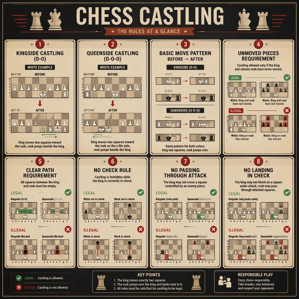 Vintage-style card grid infographic on chess castling with 8 labeled rule cards, mini board diagrams, arrows, and legal markers.