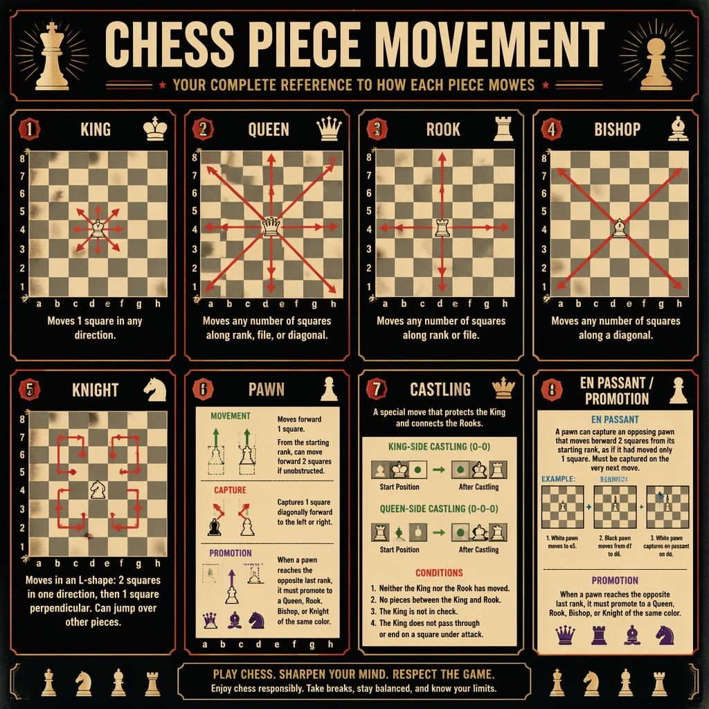 Vintage-style chess movement infographic with 8 rule cards in a dark grid, arrows, piece labels, castling and pawn rules