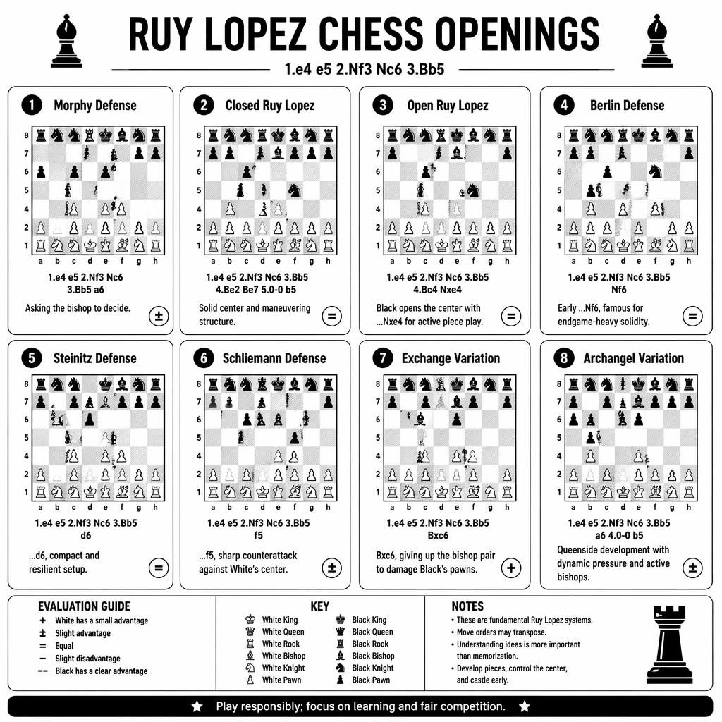 Black-and-white card grid infographic of 8 Ruy Lopez chess openings with mini board diagrams, names, notes, and poster styling.