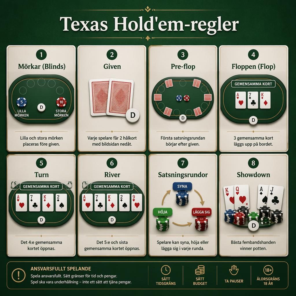 Infografik ovanifrån med 8 kort i rutnät på grönt pokerbord som visar Texas Hold'em-regler på svenska.