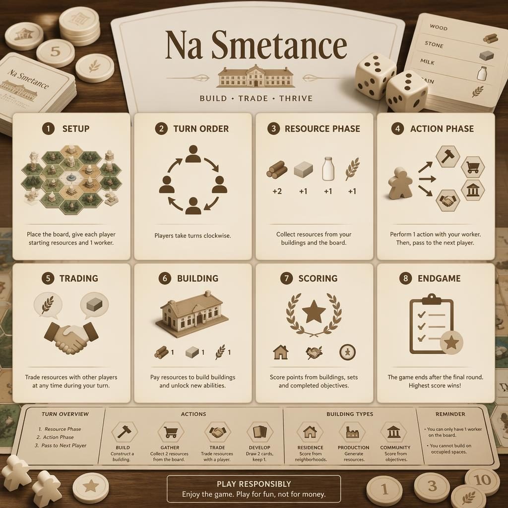 Infografika Na Smetance s 8 kartami pravidel, krémovými herními komponenty a deskou na dřevěném stole