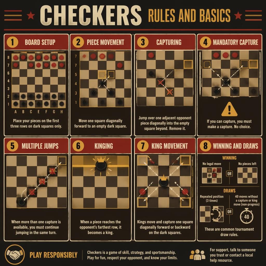 Vintage-style infographic with 8 checkers rule cards showing board setup, moves, captures, kinging, and win or draw basics.