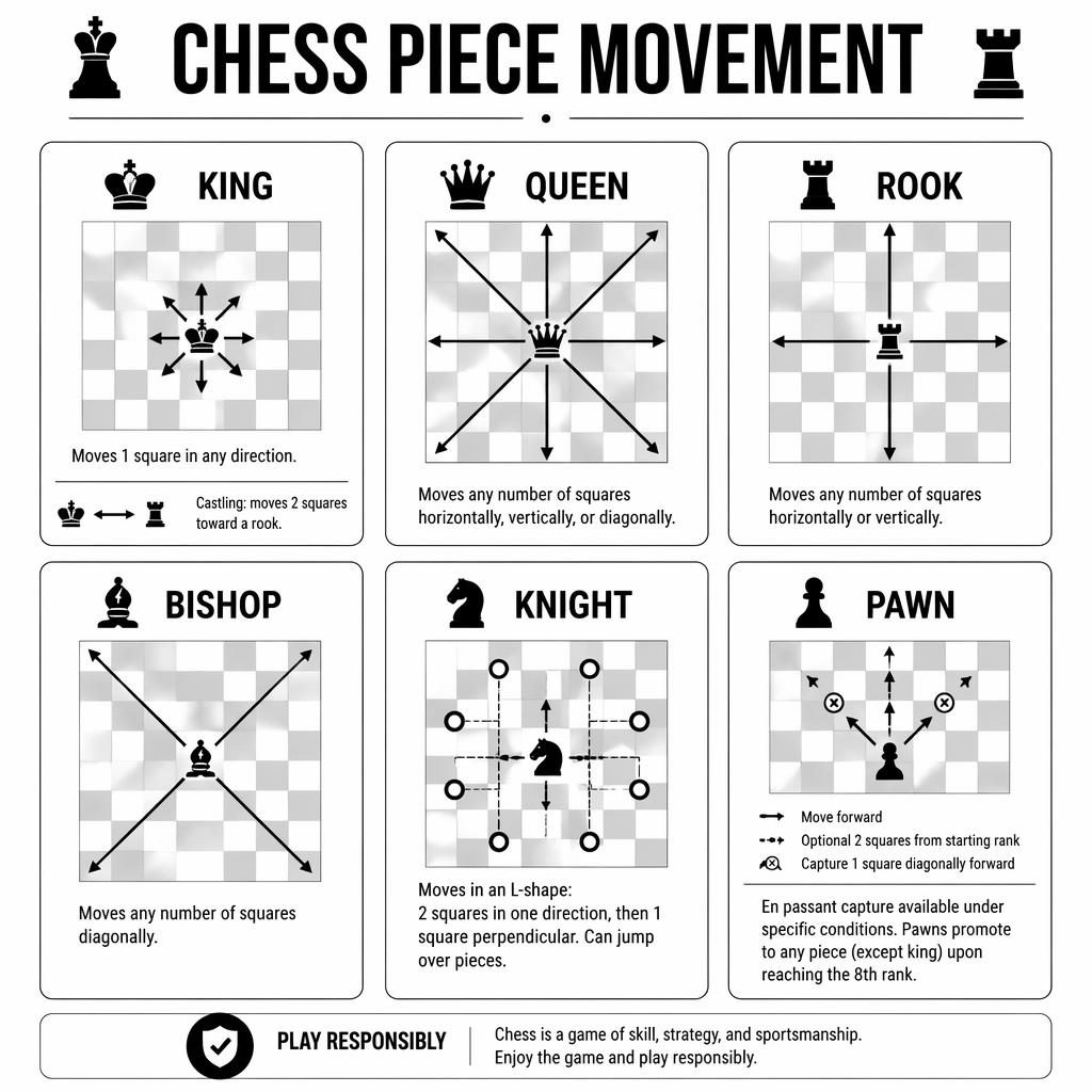 Black and white infographic grid with 6 cards showing chess piece movement diagrams, arrows, English labels, and notes.