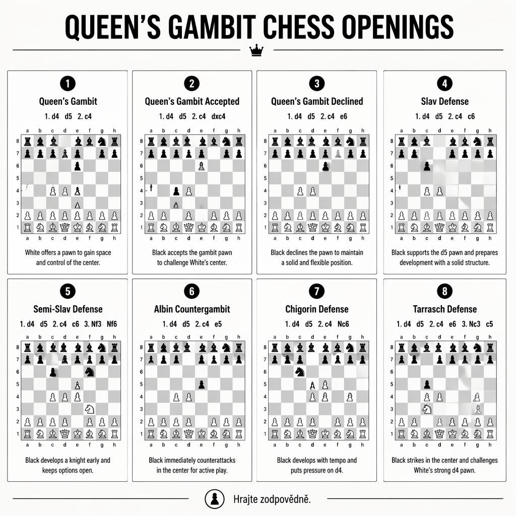 Černobílá infografika s 8 kartami otevření Queen’s Gambit, šachovnicemi, anglickými názvy a poznámkou Hrajte zodpovědně.