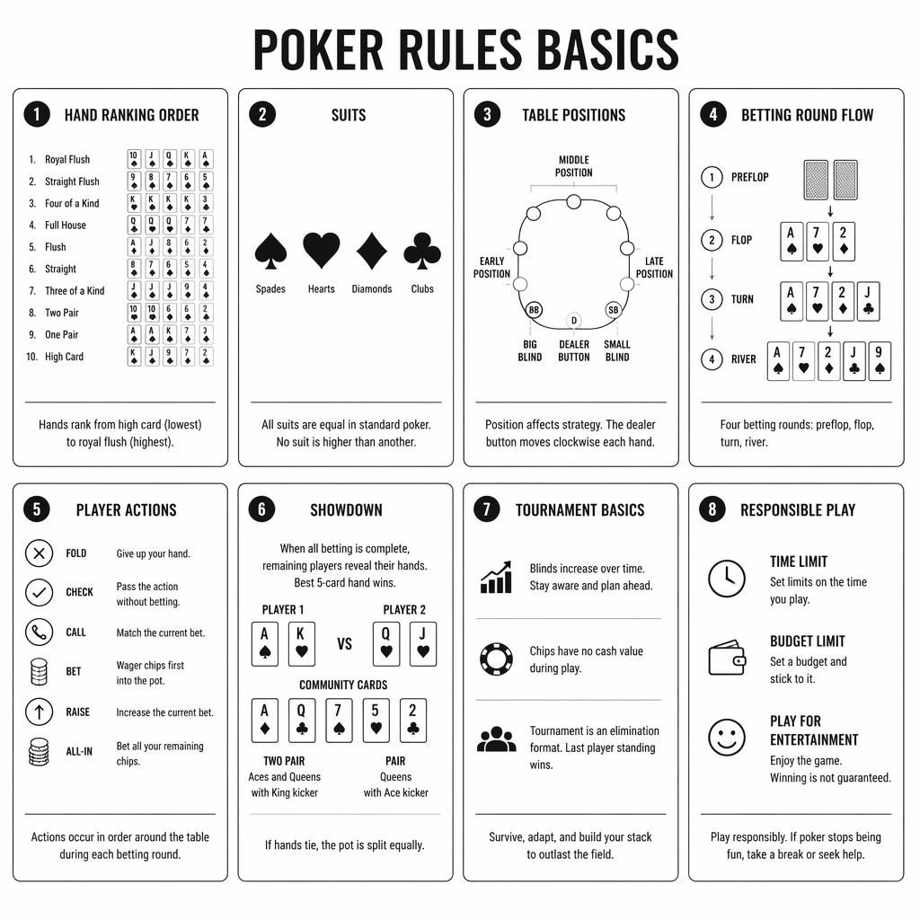 Black-and-white poker rules infographic with 8 cards showing hand ranks, equal suits, positions, betting flow, actions, showdown, tournament basics, and responsible play.