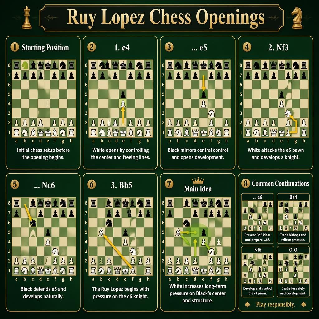 Infographie en grille de 8 cartes sur l’ouverture Ruy Lopez, échiquiers annotés, flèches de coups et palette vert feutre.