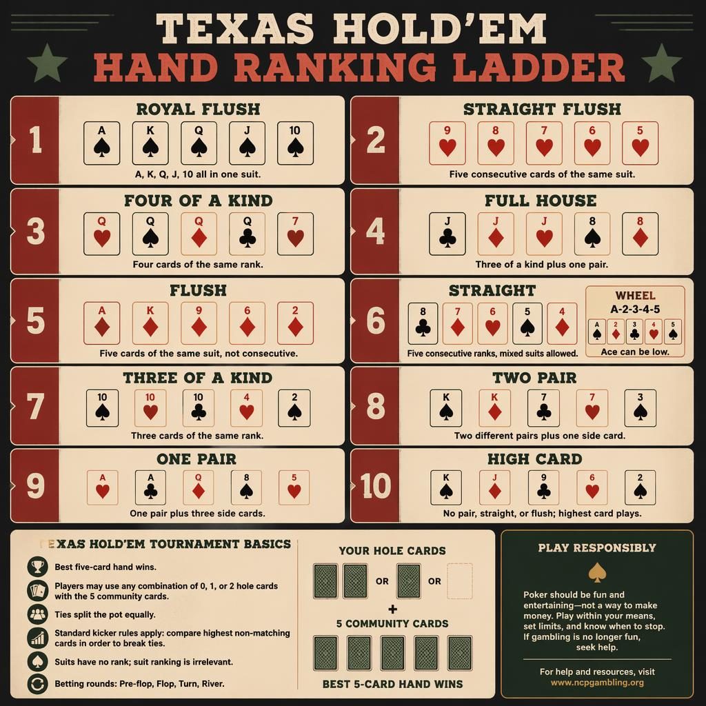 Vintage-style infographic grid showing 10 Texas Hold'em hand rankings from Royal Flush to High Card with notes.