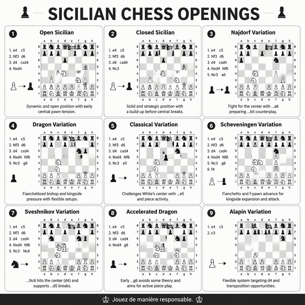 Grille de 9 cartes sur les ouvertures siciliennes aux échecs, style minimal monochrome, avec note en bas en français.