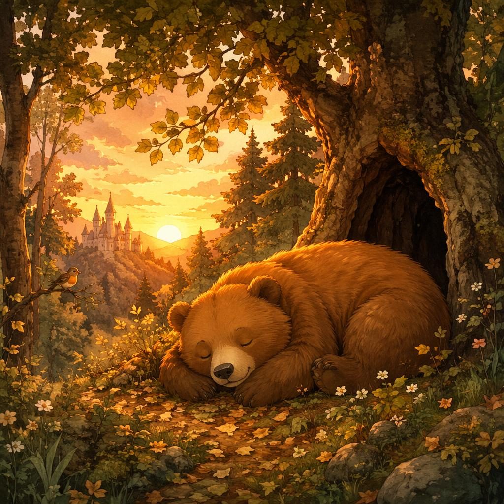 Illustration jeunesse d’un ours endormi dans une forêt au coucher du soleil, style japonais inspiré Ghibli, ambiance douce