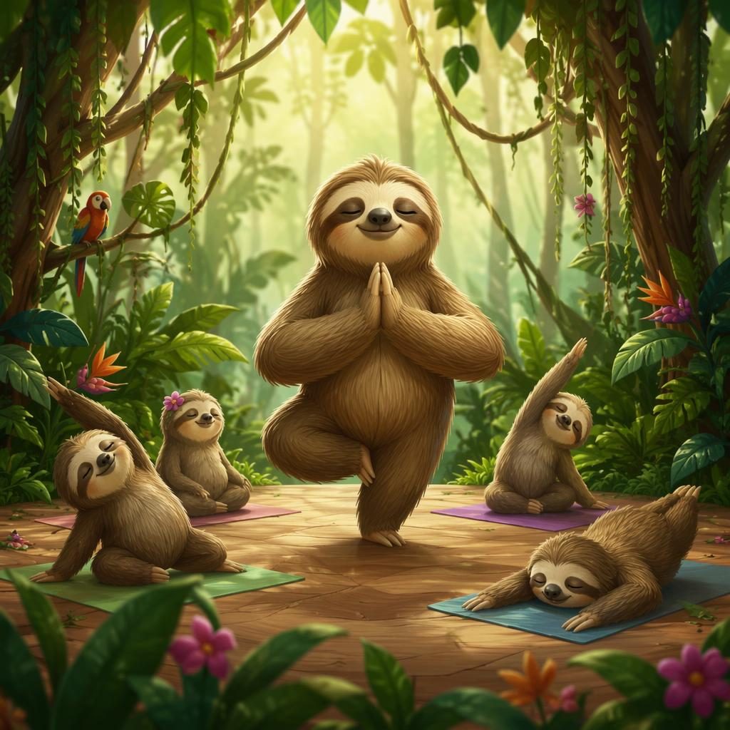 Illustration jeunesse d’un paresseux faisant du yoga dans une jungle verte, lumière douce et ambiance chaleureuse