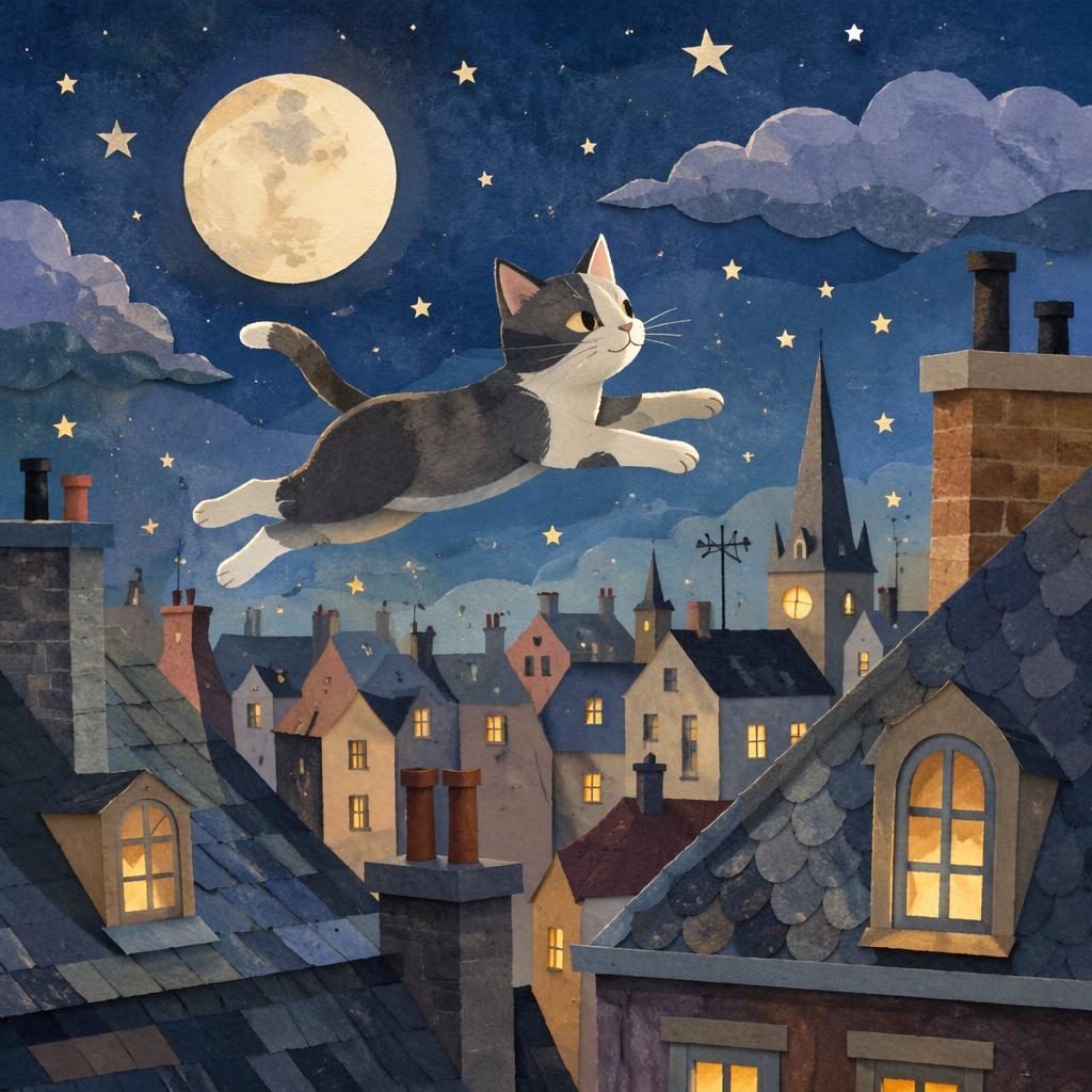 Paper-cut style children's illustration of a cozy cat walking over pastel rooftops at bedtime under warm storybook light.