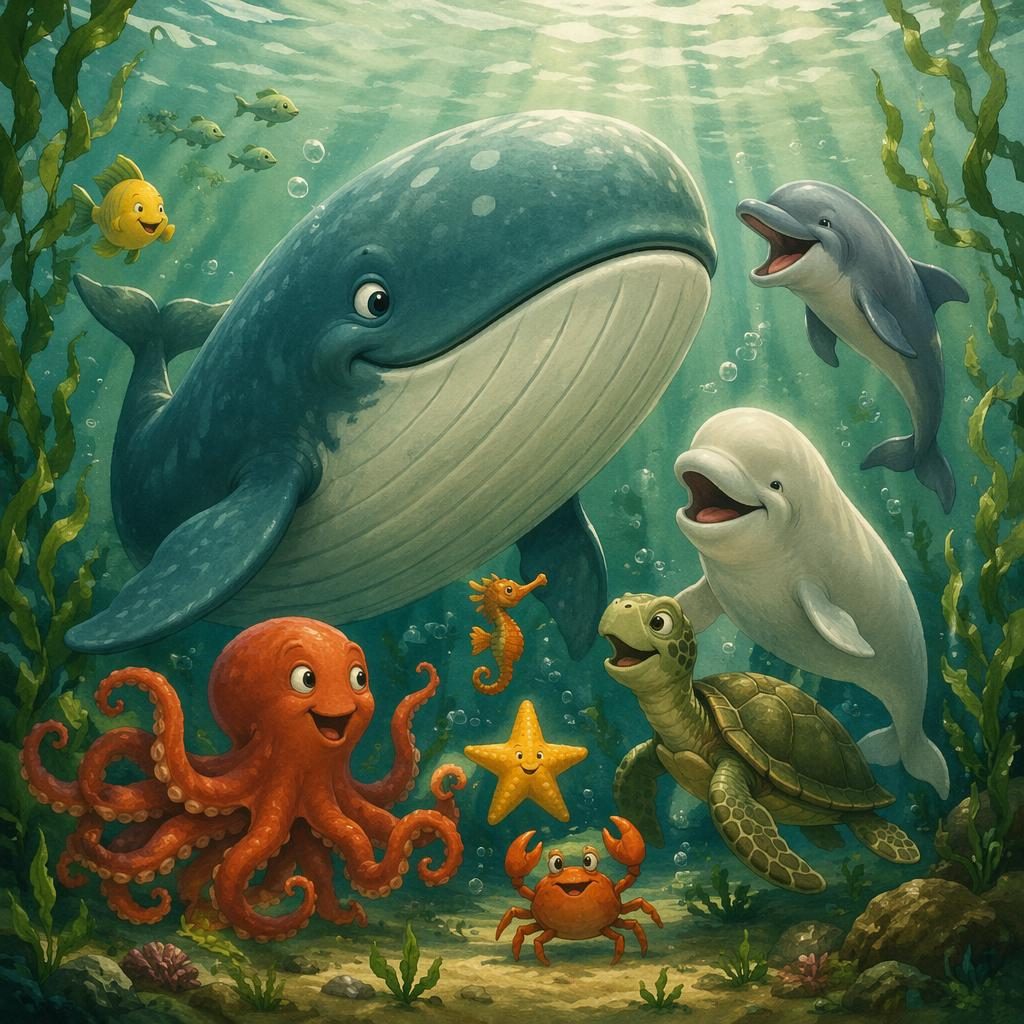 Cute digital children's book illustration of friendly whales and ocean friends in a playful forest green palette