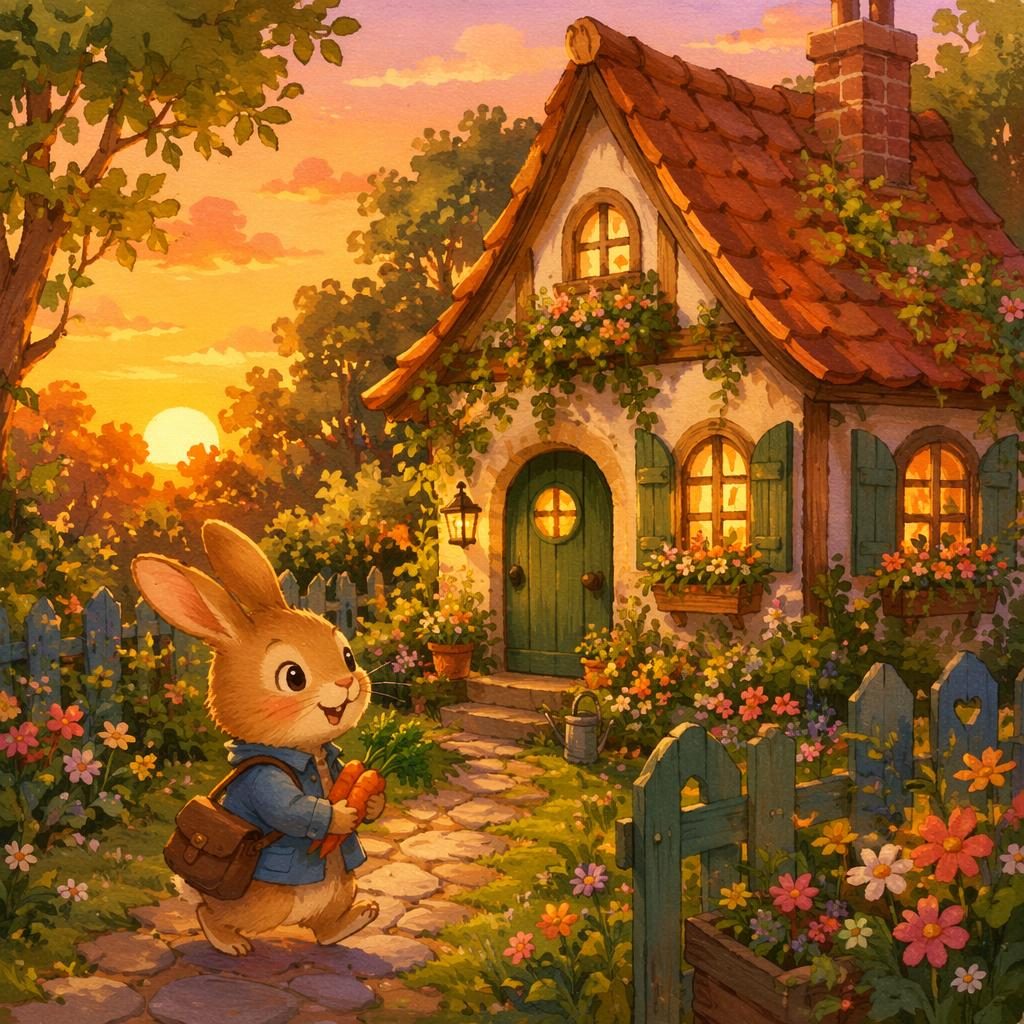 A playful rabbit explores a sunny garden at sunset in a Ghibli-inspired children's book illustration.