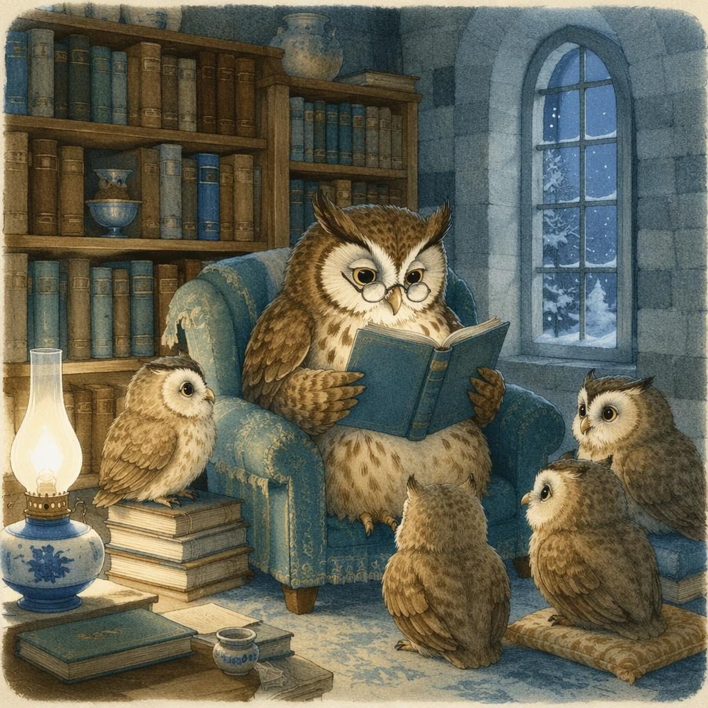 Vintage-style owl in a cozy library with books, winter ice blue tones, and warm bedtime lighting