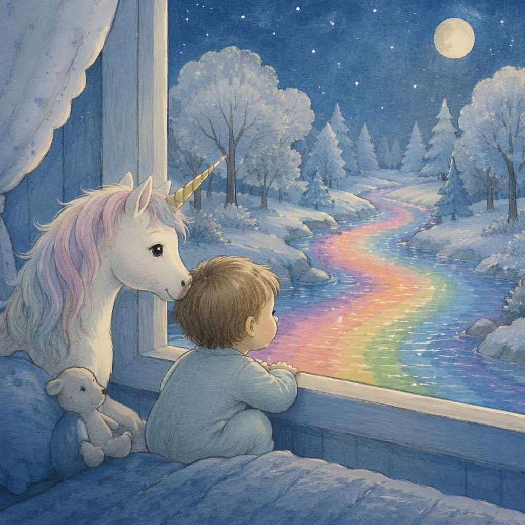 Vintage-style children's illustration of a unicorn by a rainbow river in icy winter blue bedtime lighting.