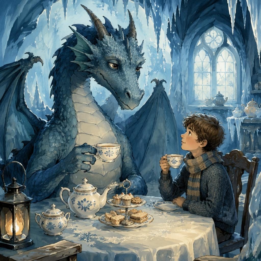 Vintage-style children's book illustration of a gentle dragon having a winter tea party in icy blue storybook light.