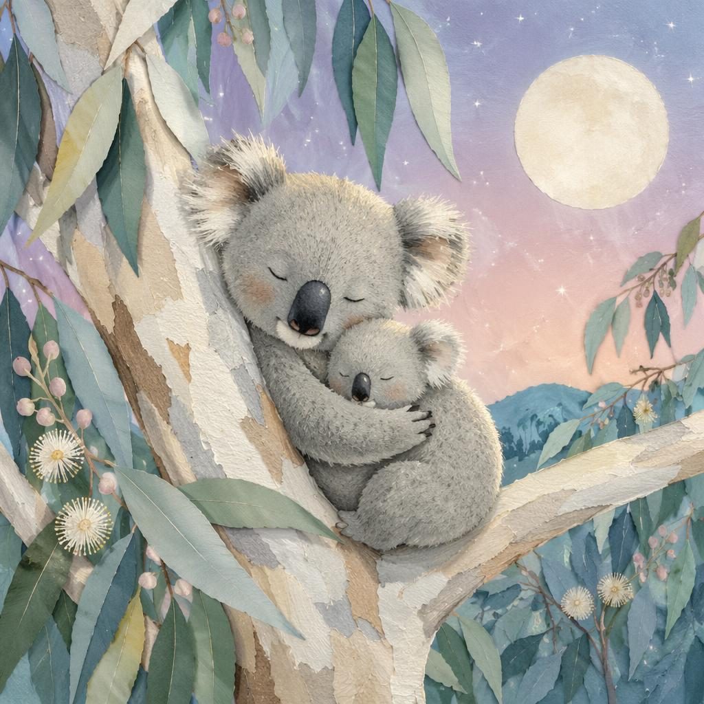 A sleepy koala naps in a eucalyptus tree in a soft pastel paper-cut collage, with dreamy lighting and a gentle board book feel.