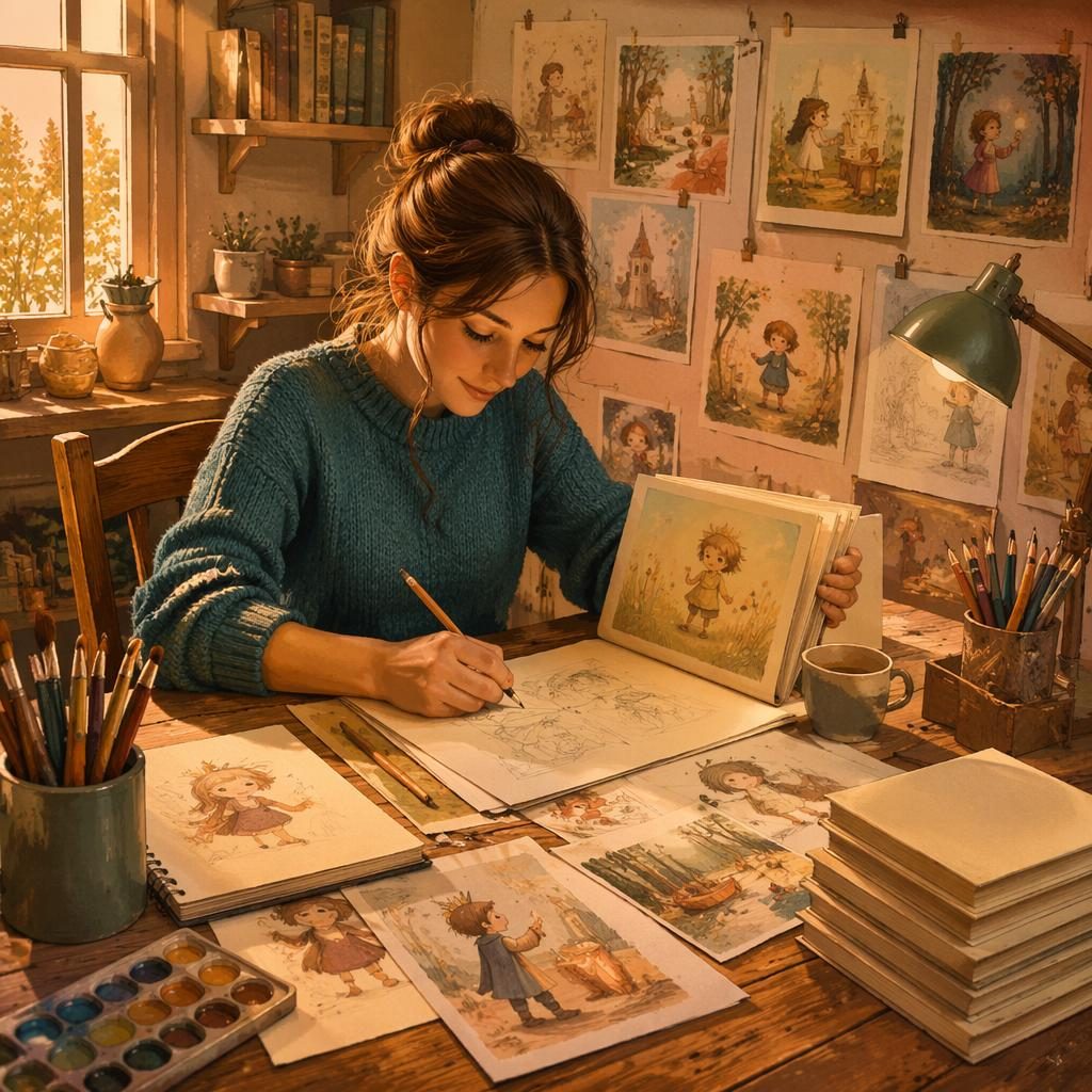 Photorealistic children's book creator at a wooden desk, sketching characters with pages, dummy book, and art tools.