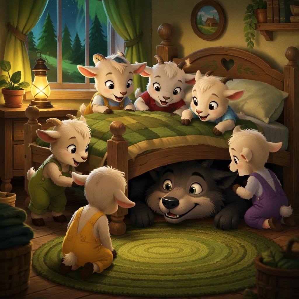 Ilustración infantil de un monstruo amigable bajo la cama, dormitorio cálido, estilo tierno digital y tonos verde bosque.