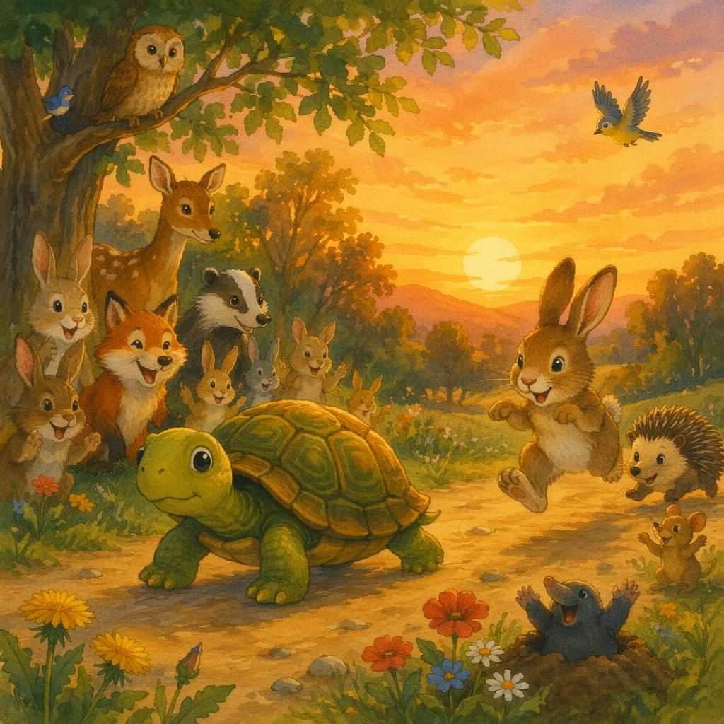 A brave turtle races slowly at sunset in a warm storybook landscape, shown in a gentle Japanese-inspired picture book style.