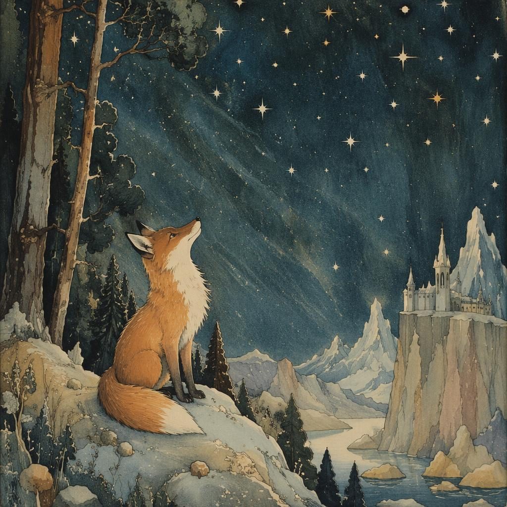 Illustration jeunesse d’un renard curieux sous un ciel nocturne étoilé, palette vintage douce et lumière chaleureuse.