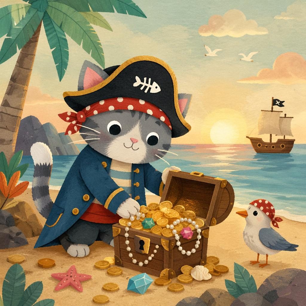 Illustration en collage pastel d’un chat pirate découvrant un trésor, ambiance douce et rêveuse pour tout-petits.