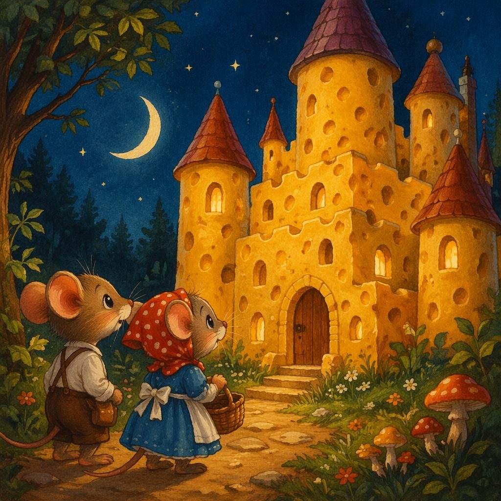 Ilustración infantil retro de un ratón frente a un castillo de queso, con luz cálida y colores primarios brillantes.