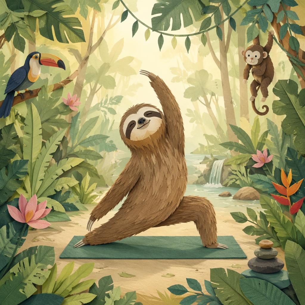 Kinderbuch-Illustration eines Faultiers in Yoga-Pose im Dschungel, Collage aus Papierschnitt in sanften Pastellfarben