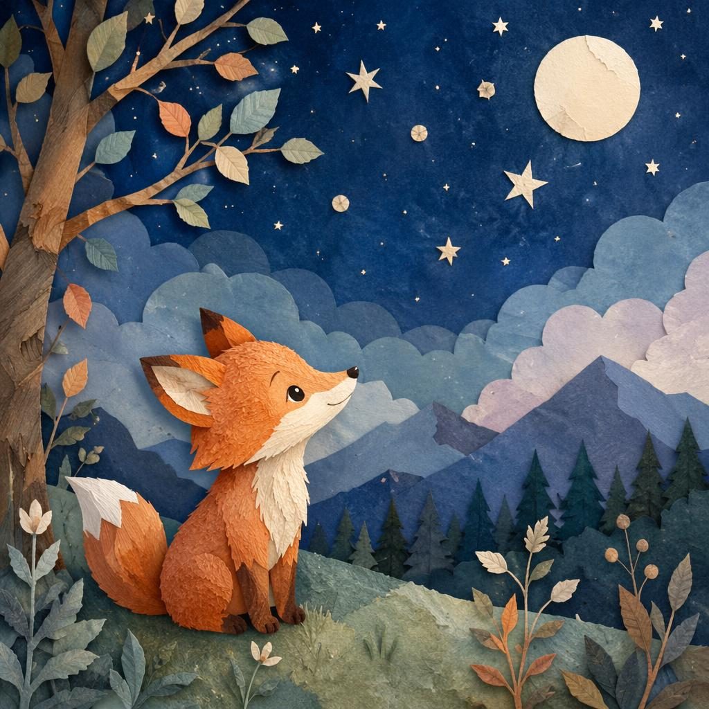 A curious fox gazes at a soft pastel night sky in a collage-style children's book illustration with warm, gentle light.