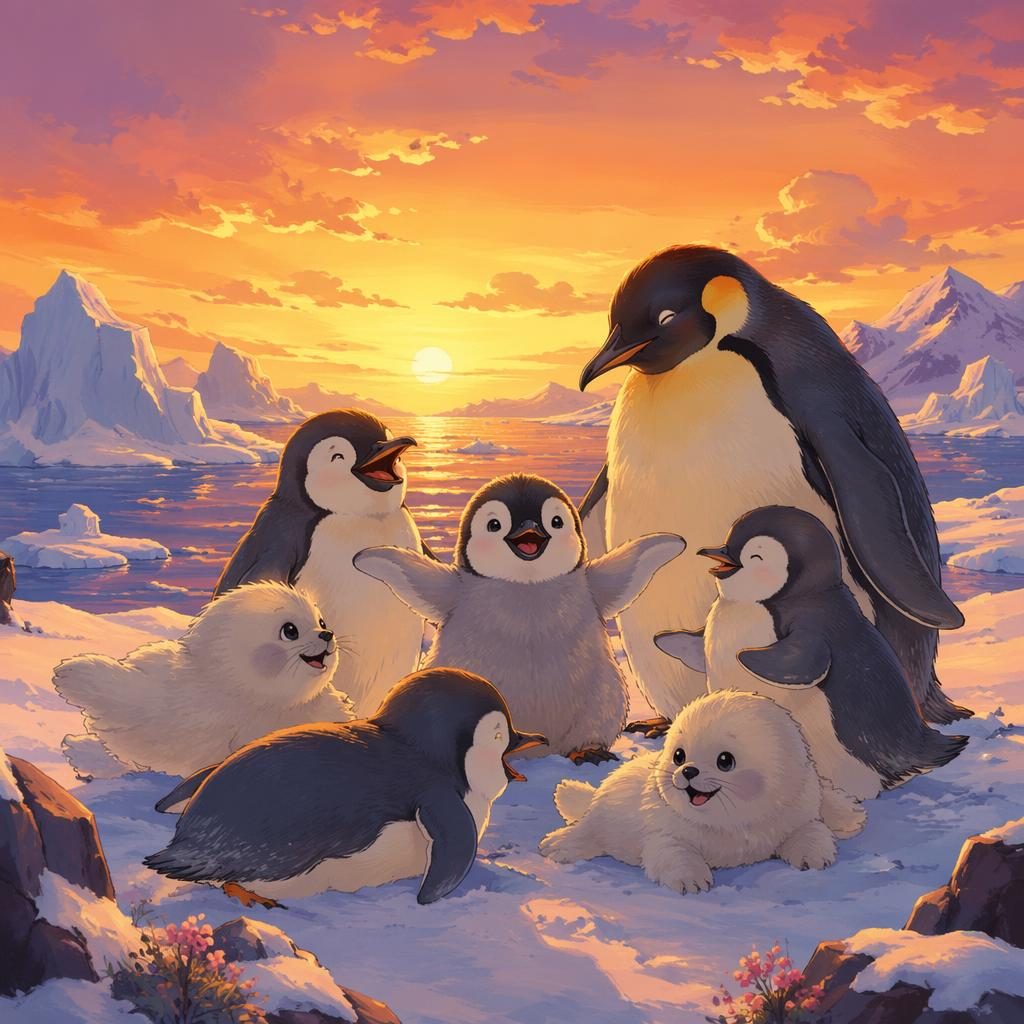 Playful penguin polar friends in a Ghibli-inspired children's book illustration with warm sunset light and a wholesome mood.