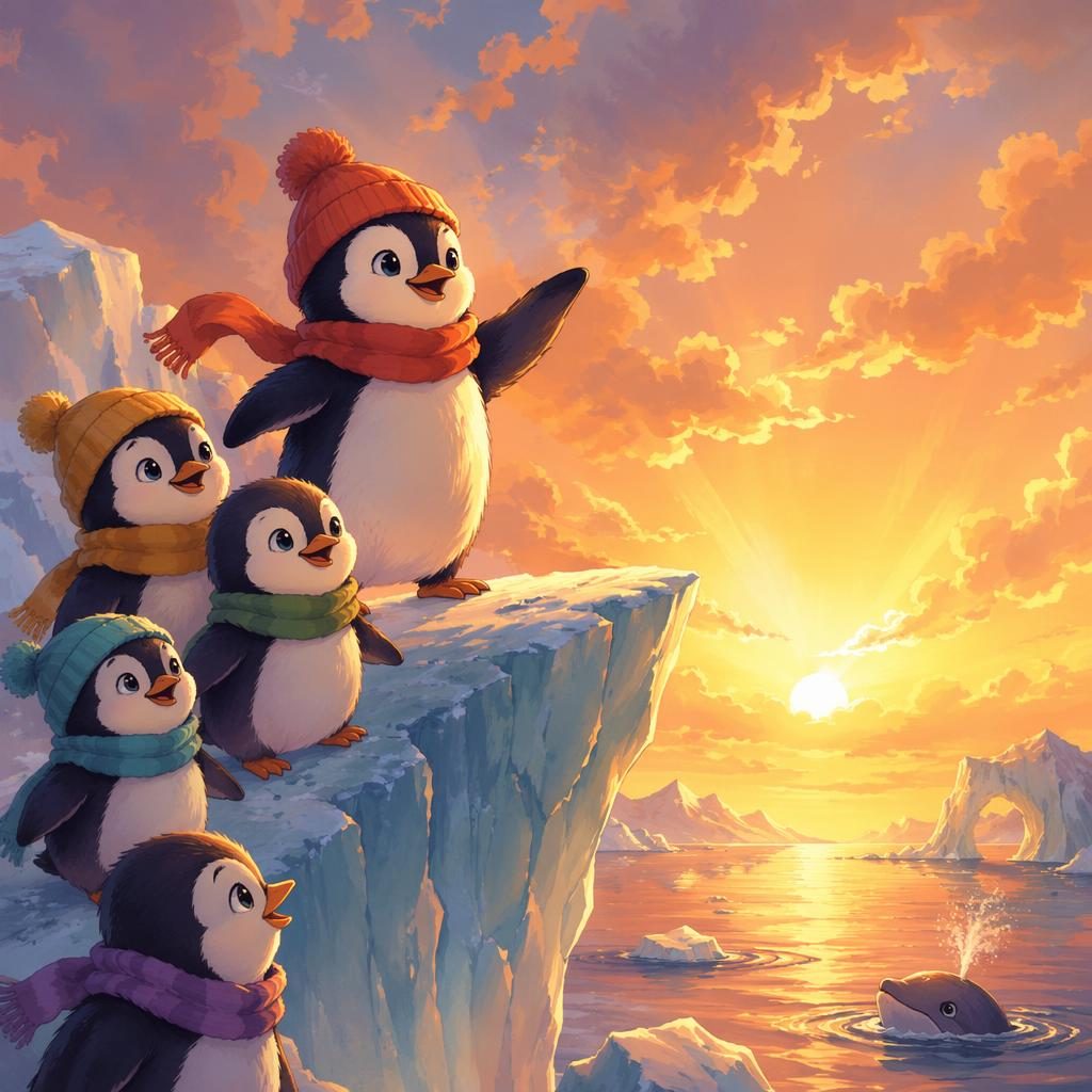 Heroic penguin polar friends in a warm sunset landscape, illustrated in a Ghibli-inspired children's book style.