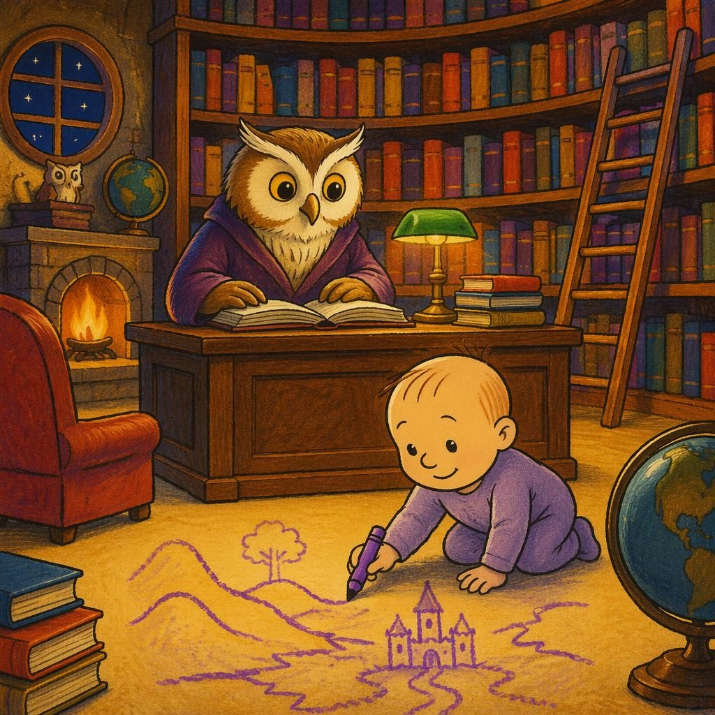 Retro 1970s storybook owl in a cozy library with books, warm light, and bright primary colors