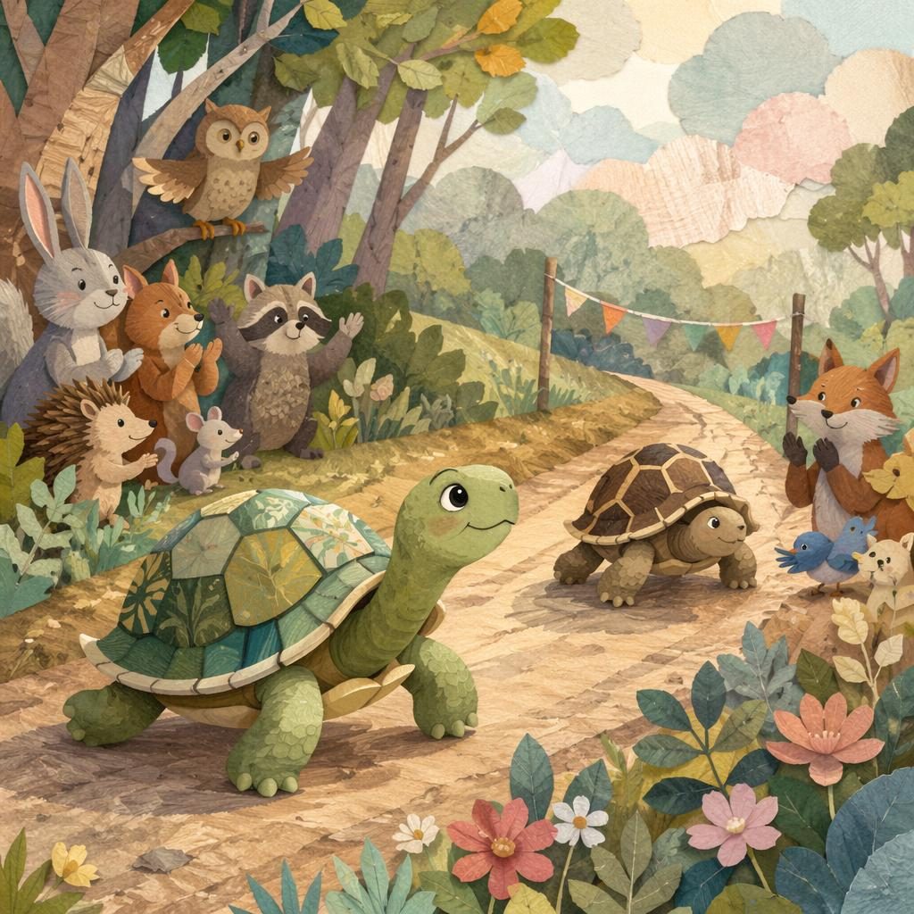 Paper-cut collage style turtle in a slow race, dreamy pastel scene with warm storybook light for a children's chapter book