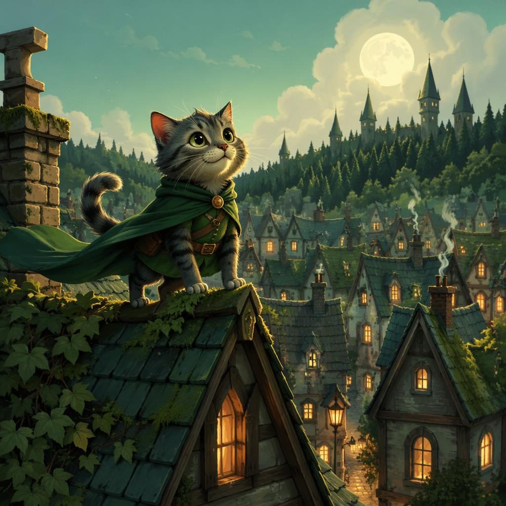 Illustration jeunesse d’un chat courageux sur les toits, palette vert forêt, lumière chaleureuse et style numérique mignon