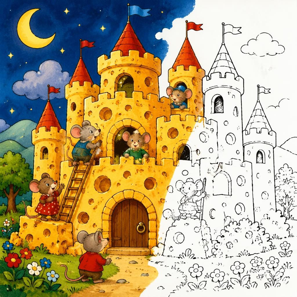 Ilustración infantil retro de un ratón junto a un castillo de queso, con luz cálida, colores primarios y ambiente acogedor.